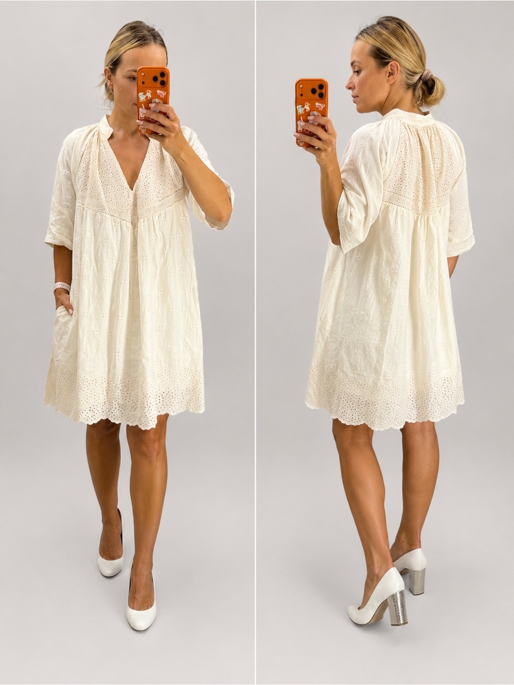 Magaschoni Eyelet Linen V-Neck Cream Mini Dress
